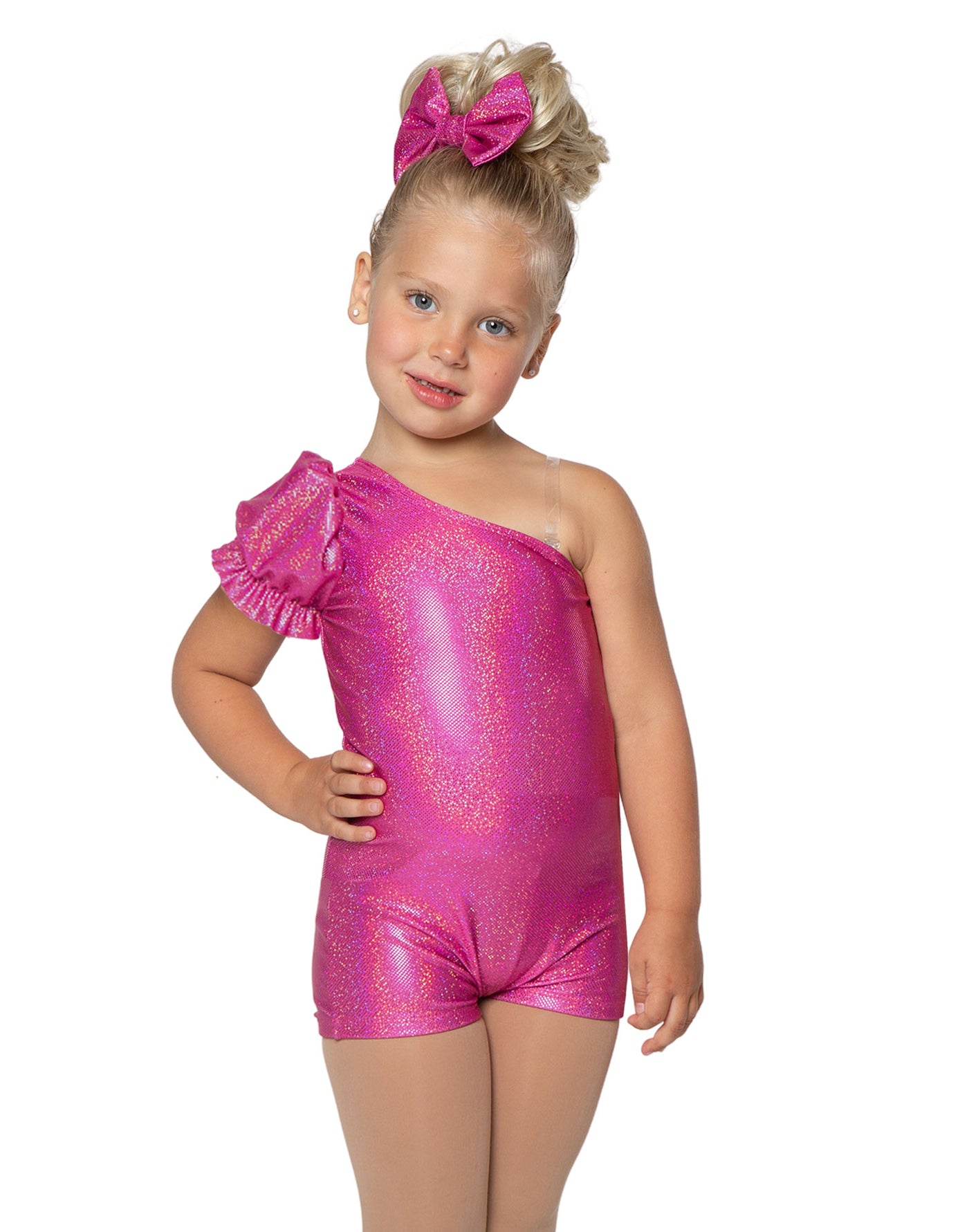 Solid Hologram One Shoulder Puff Sleeve Biketard