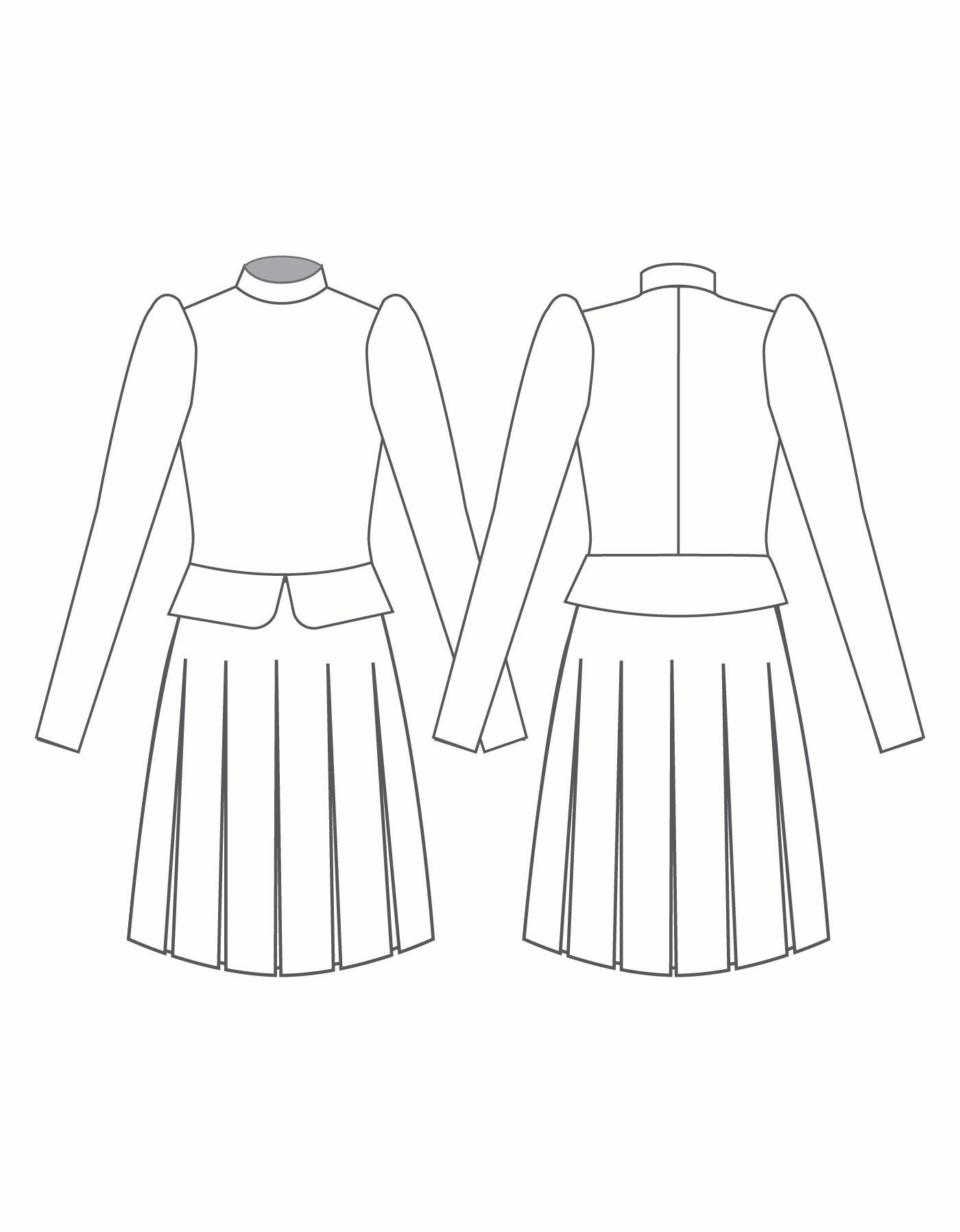 Custom Inked LS Puff Sleeve TNeck Dress with Long Pleated Skirt and Peplum - Lycra