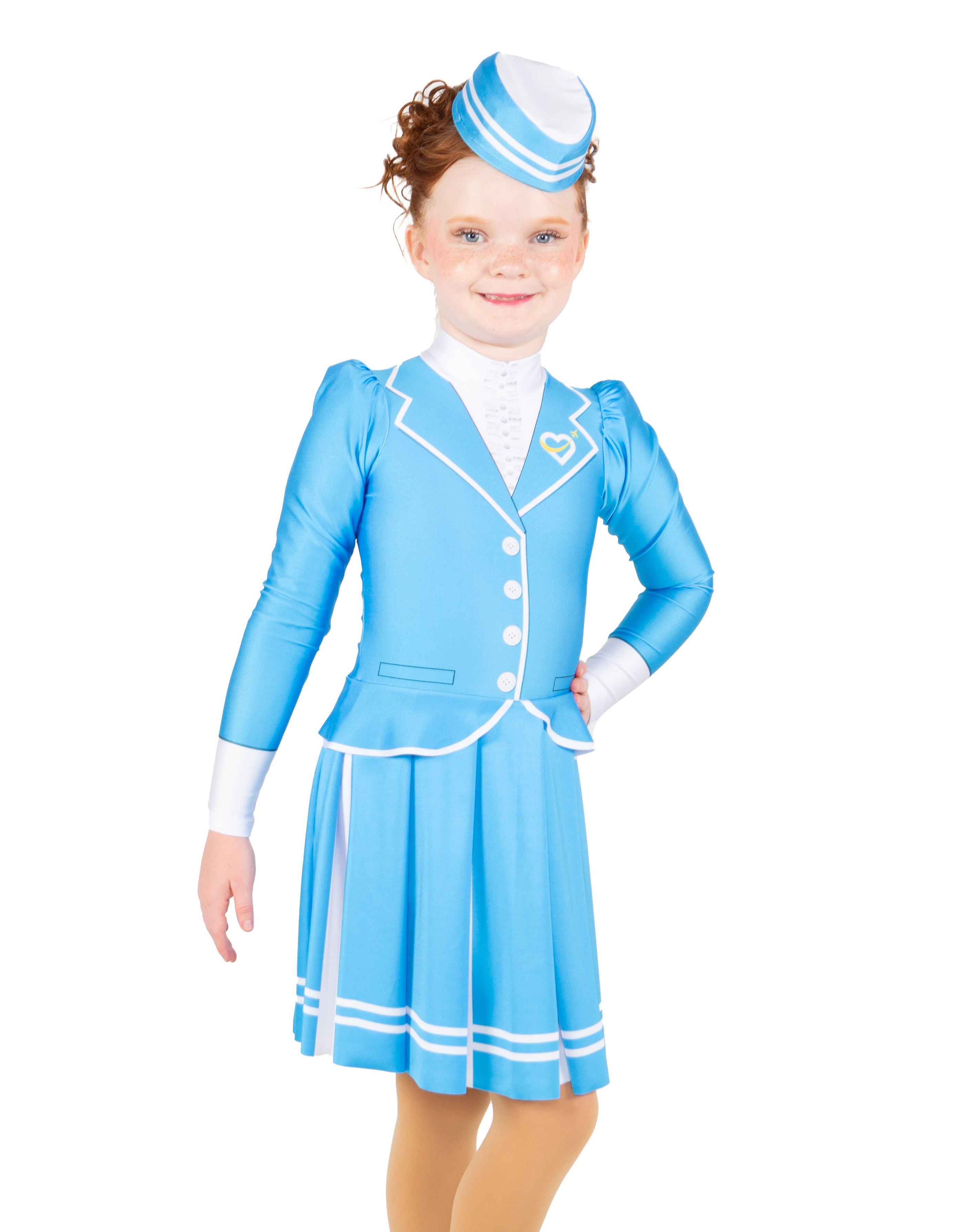 Flight Attendant LS TNeck Biketard with Attached Pleated Skirt and Peplum
