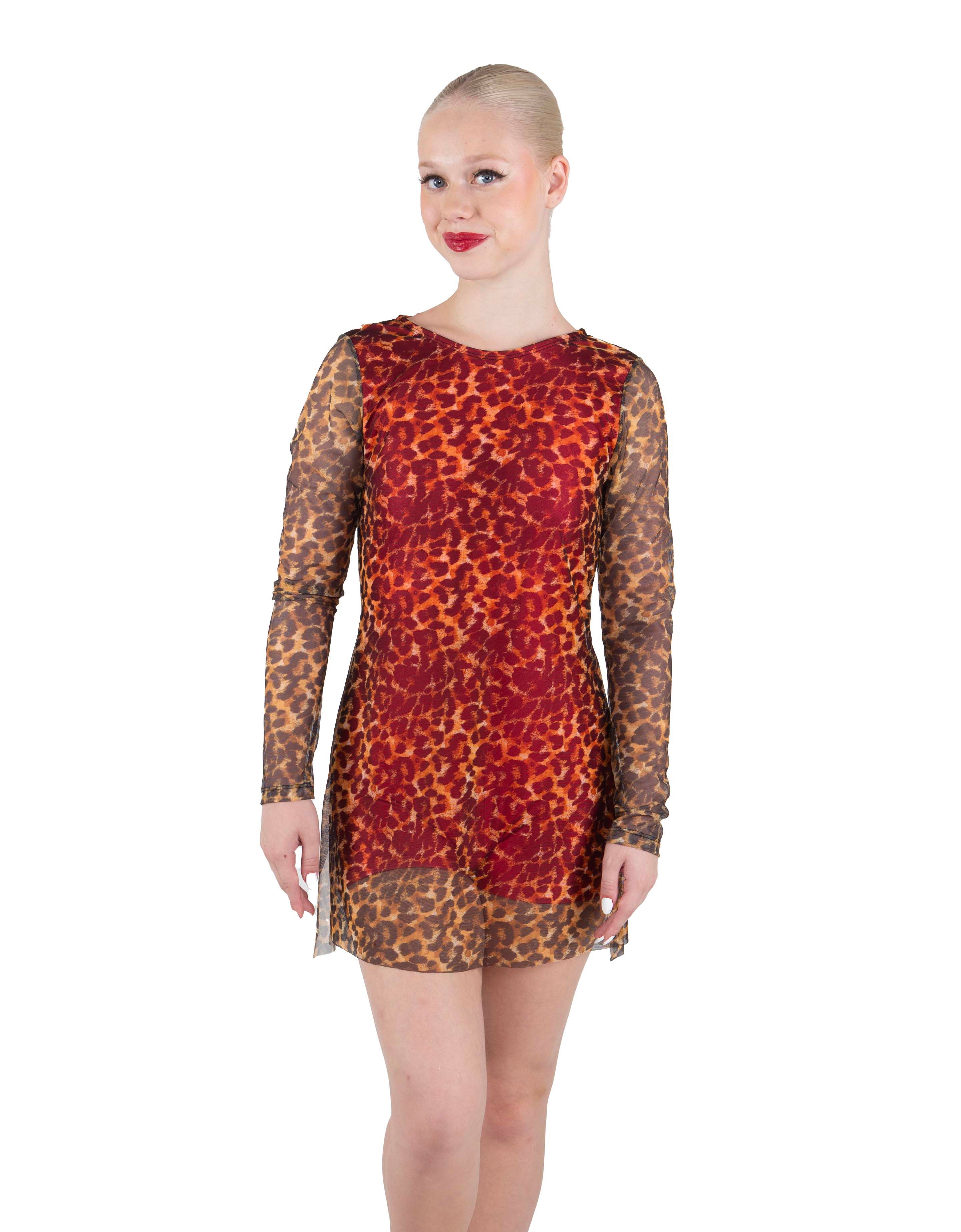 Fierce LS Round Neck Dress with Open Back and Side Slits Sheer