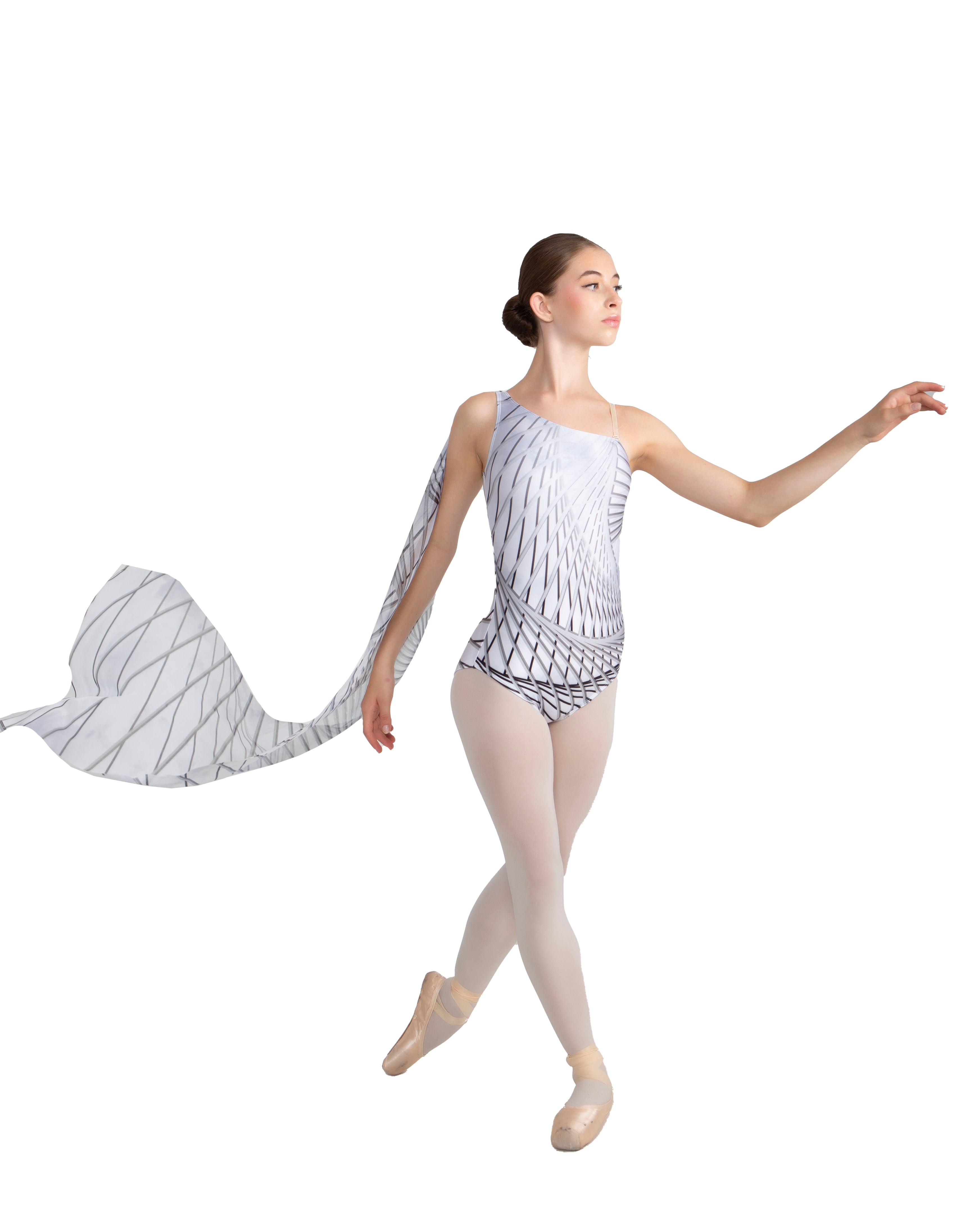 Fractal One Shoulder Leotard with Chiffon Sash