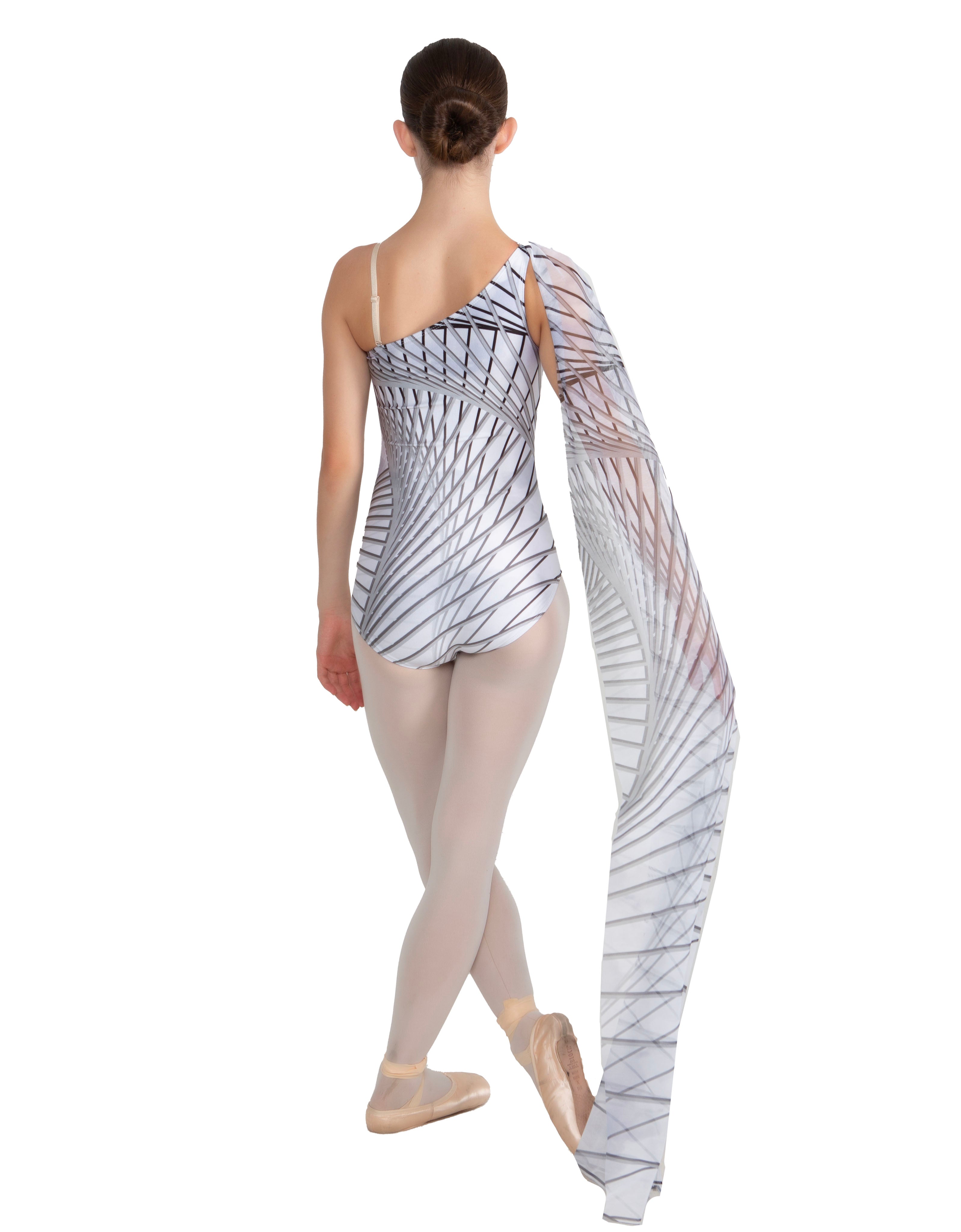 Fractal One Shoulder Leotard with Chiffon Sash