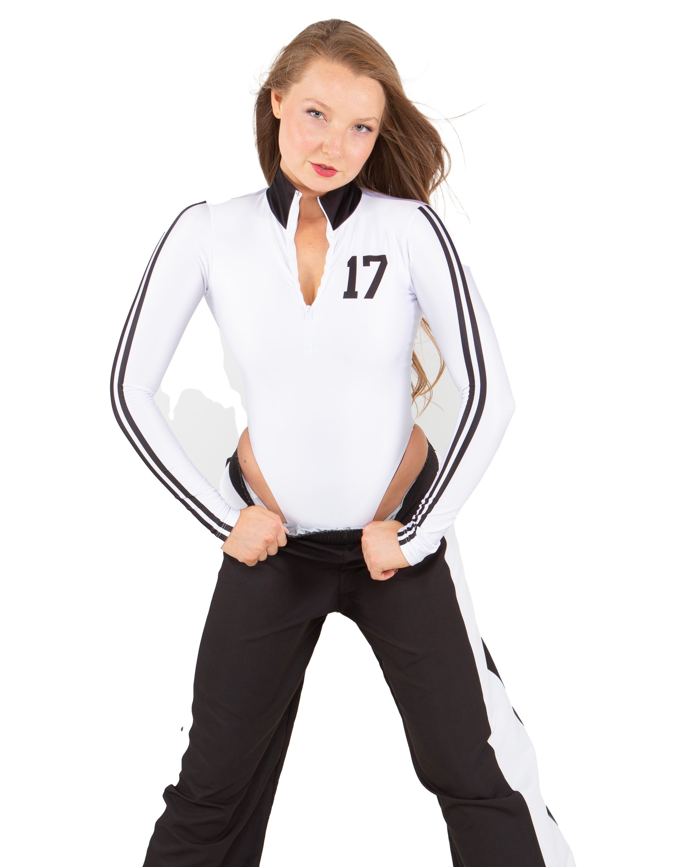 Varsity LS TNeck Zipper Front Leotard High Cut Leg