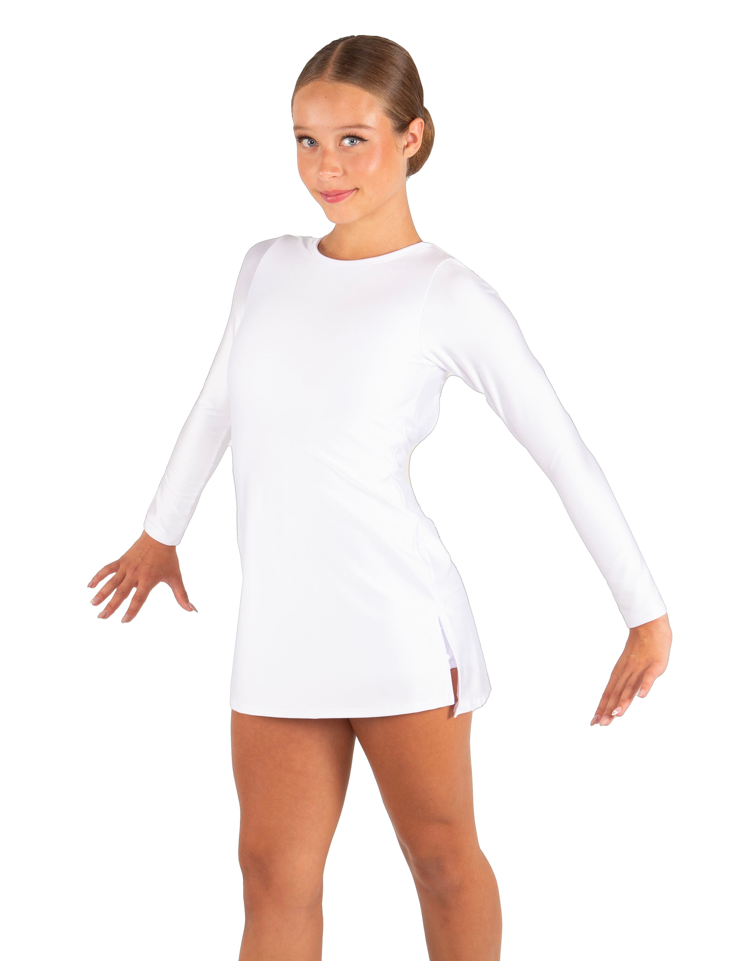 Solid Lycra LS Round Neck Dress with Open Back and Side Slits w/attached shorts