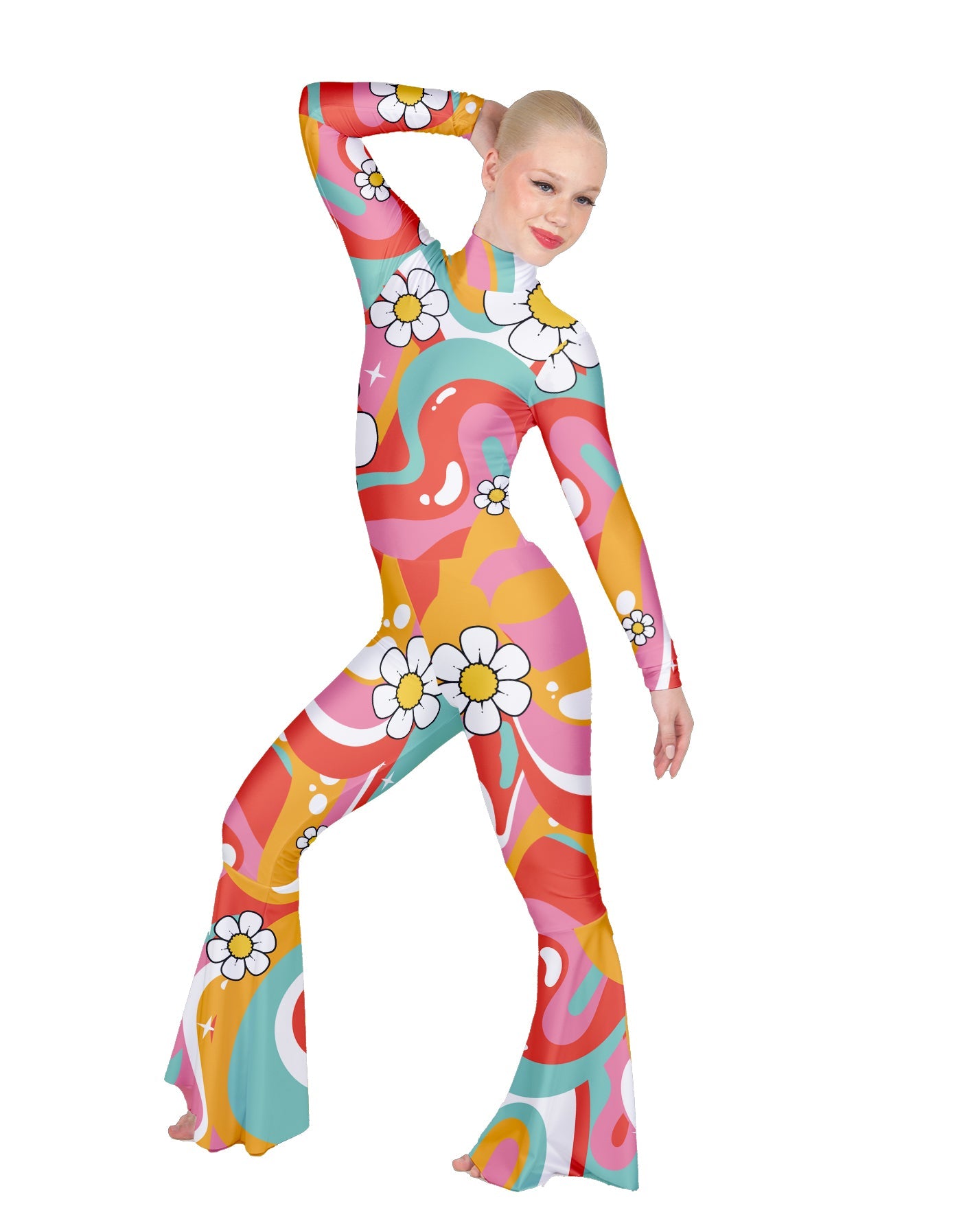 Flower Child Groovy LS Zipper Back Wide Flare Pant Unitard