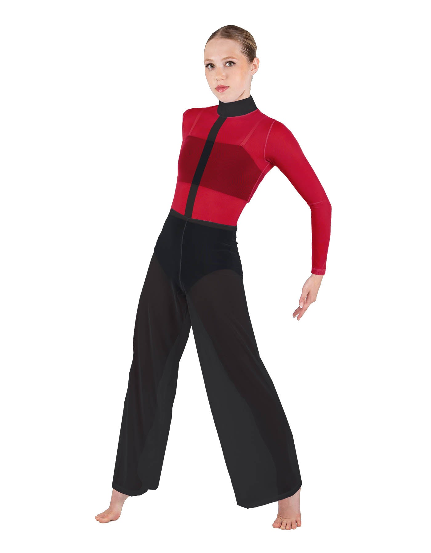 Avant Garde LS TNeck Keyhole Wide Leg Mesh Unitard with Bandeau and Panty