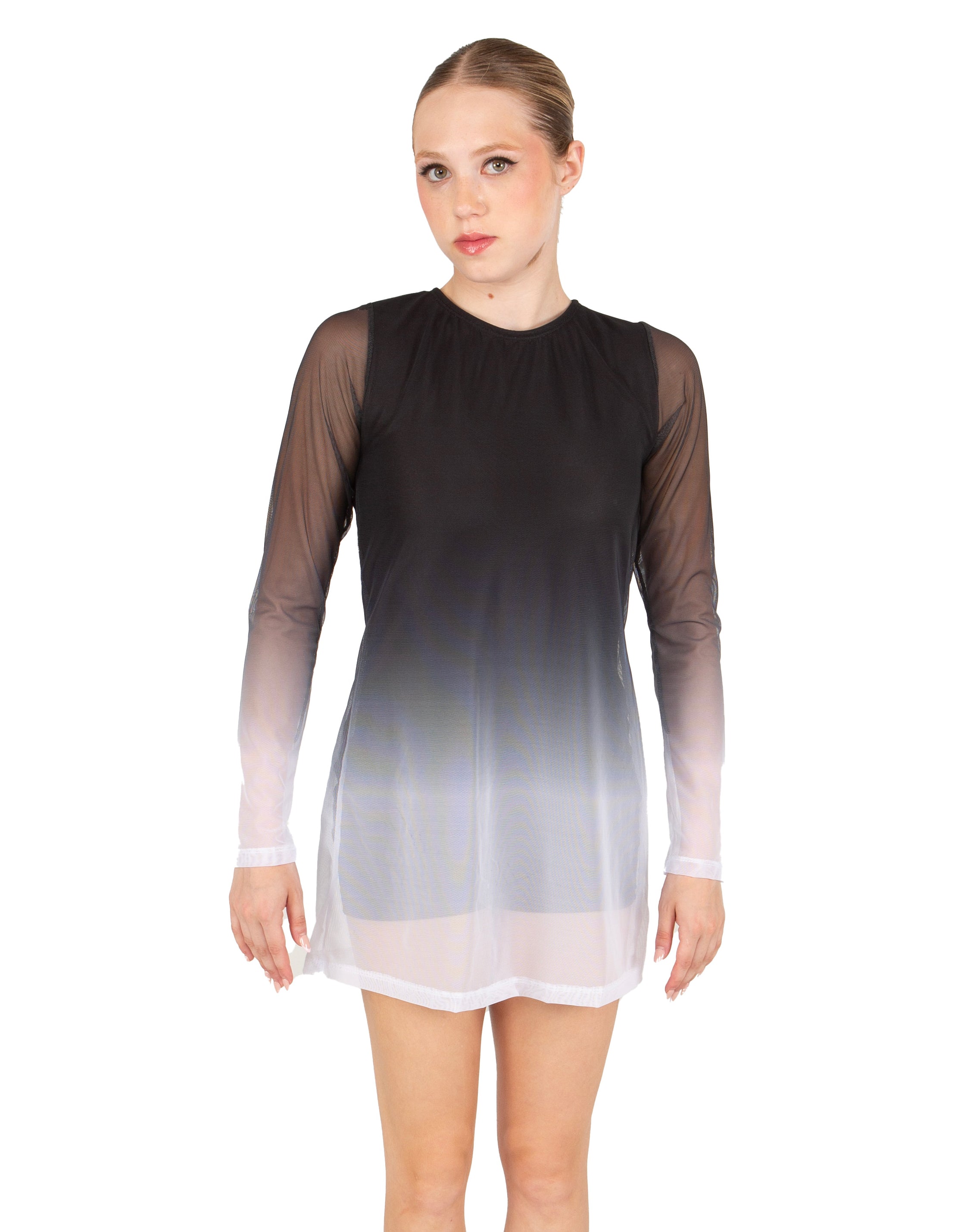 Divine LS Round Neck Dress with Open Back and Side Slits Sheer