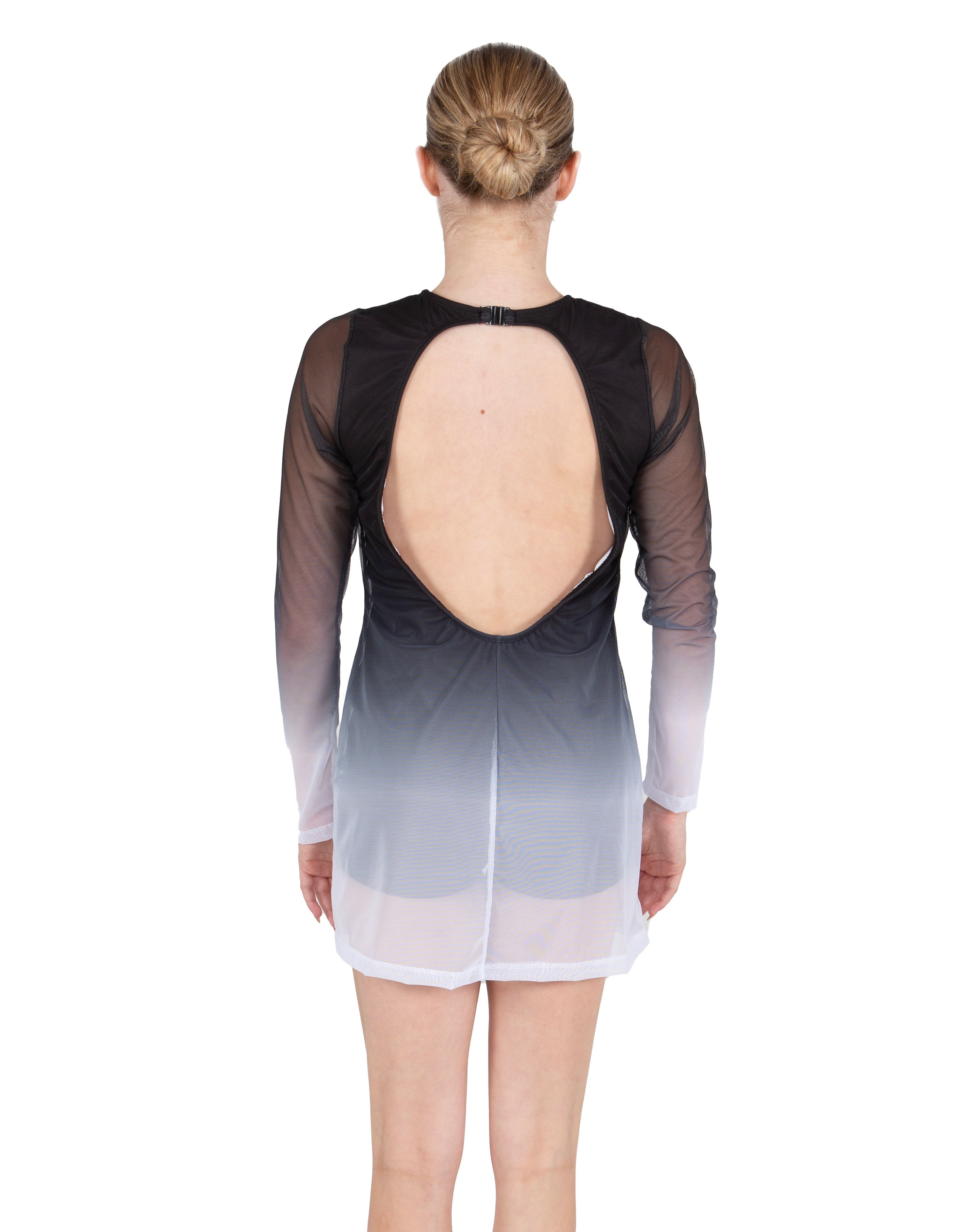 Divine LS Round Neck Dress with Open Back and Side Slits Sheer