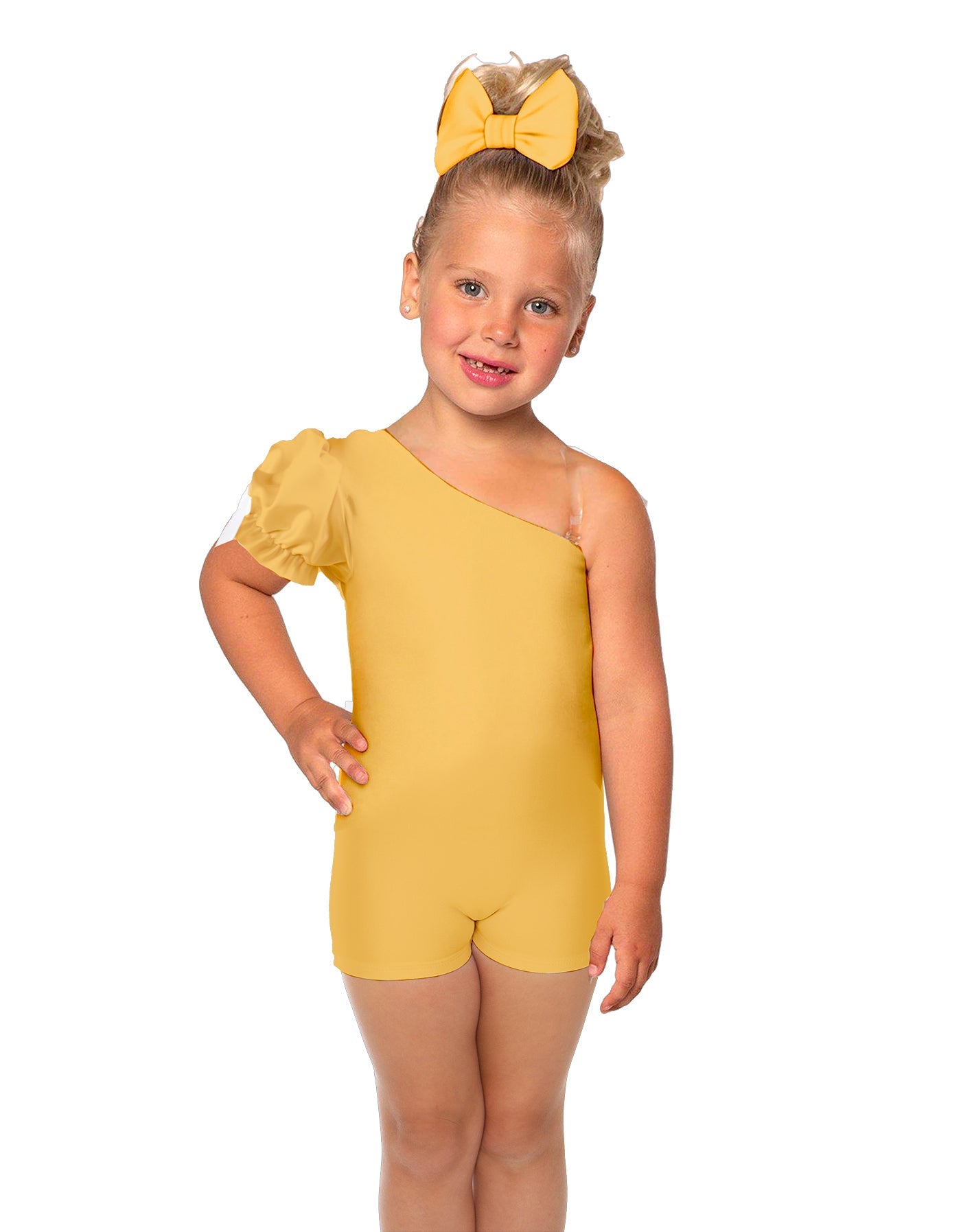 Solid Lycra One Shoulder Puff Sleeve Biketard