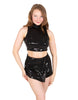 Liquid - Black Flat Sequin TNeck Sequin Crop Top Keyhole